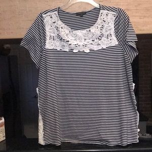 Lane Bryant black and white striped blouse with lace collar and sides